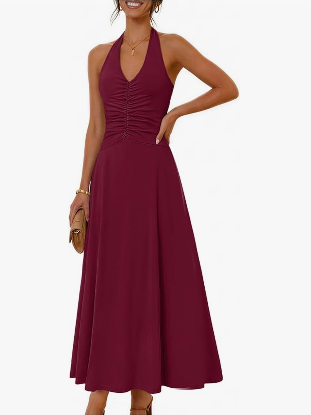 Halter Ruched Maxi Dress in Burgundy